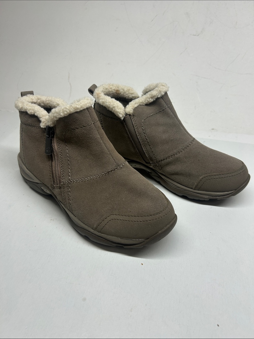 Easy Spirit Women's Taupe Slip-On Faux-Shearling Ankle Boots